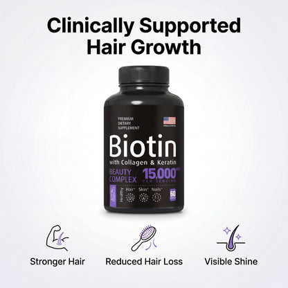 Biotin 15,000mcg Capsules | Zinc, B12, D3 & Folate | Hair & Nail Health